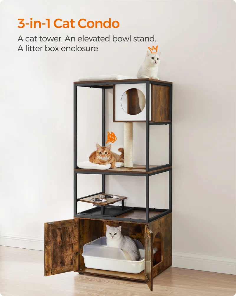 58" Cat Condo with Litter Box Enclosure and Elevated Bowls