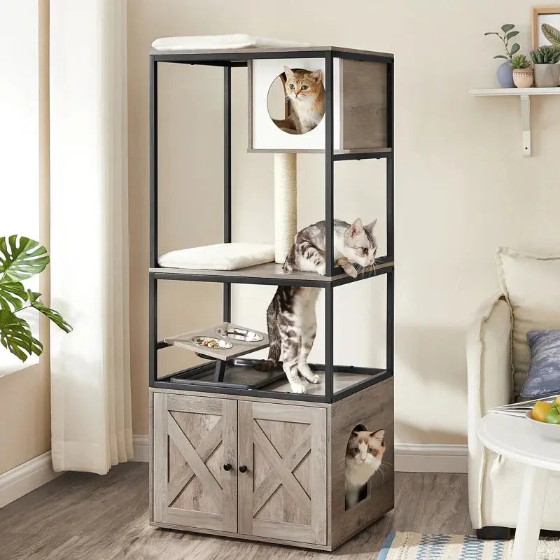 58" Cat Condo with Litter Box Enclosure and Elevated Bowls