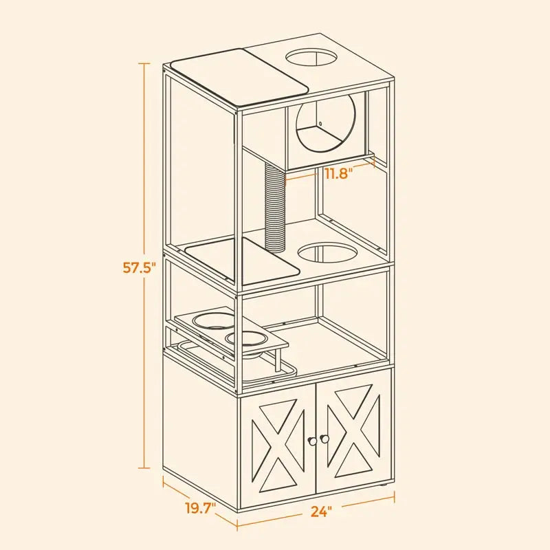 58" Cat Condo with Litter Box Enclosure and Elevated Bowls