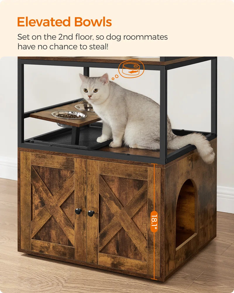 58" Cat Condo with Litter Box Enclosure and Elevated Bowls